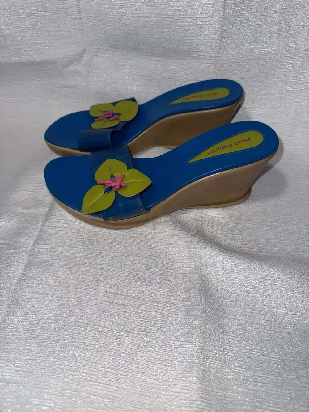 Vintage Hush Puppies Canon 59162 Leather Flower Wedge Sandals Blue Size 8M